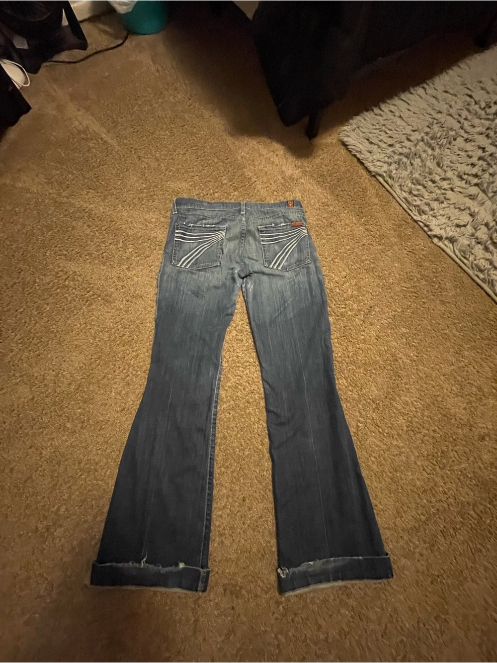 7 For All Mankind Dark Blue Flare Jeans with Contrast Pocket Stitching